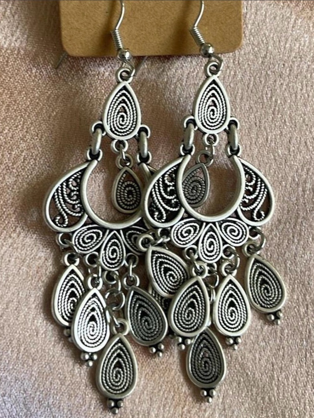 Antique Silver-Tone Teardrop Chandelier Earrings - Elegant Boho Style